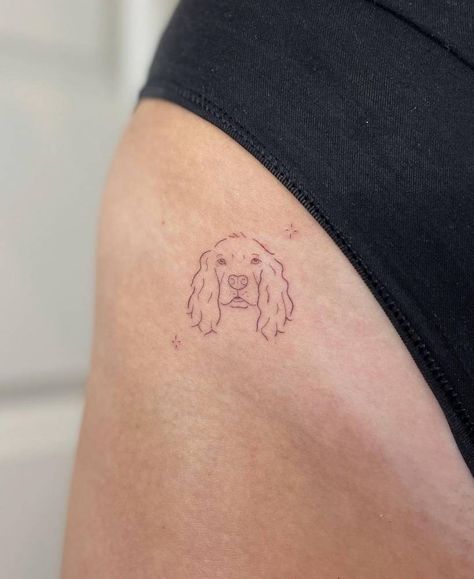 Elegant Dog Tattoo, Small Dog Outline Tattoo, Cocker Spaniel Tatoos, Springer Spaniel Ear Tattoo, Delicate Dog Tattoos For Women, Dog Small Tattoo Ideas, Cocker Spaniel Tattoo Ideas, Cocker Spaniel Line Tattoo, Small Fine Line Dog Tattoo