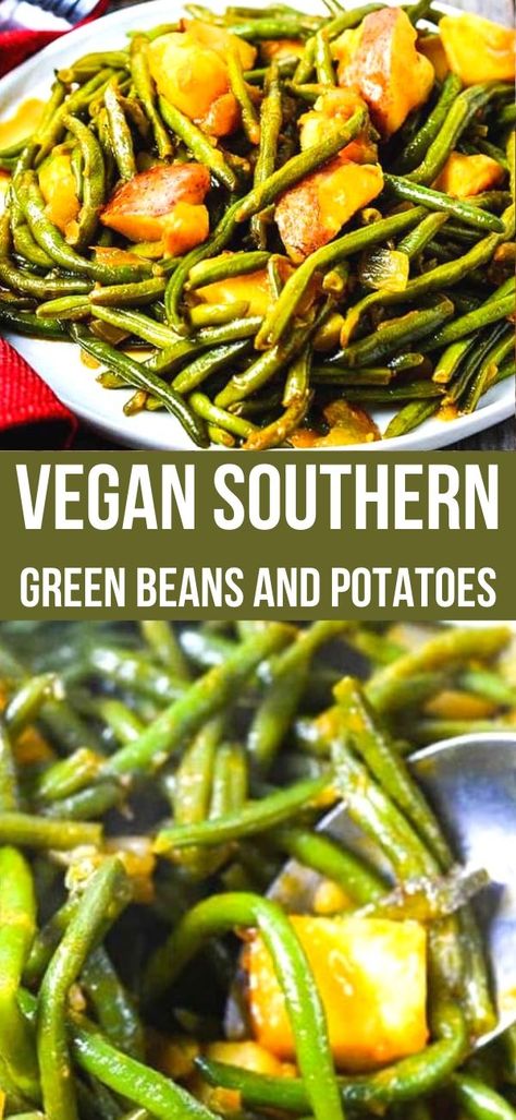 Vegan Southern Green Beans and Potatoes, is a flavorful version of the popular classic Southern side dish. Fresh green beans and baby potatoes cooked with onions, garlic, and smoked paprika Green Beans Southern Style, Green Beans Southern, Southern Green Beans And Potatoes, Soul Food Green Beans, Vegan Green Beans, Vegan Green Bean Recipes, Beans And Potatoes Recipe, Southern Green Bean Recipes, Green Beans Vegan