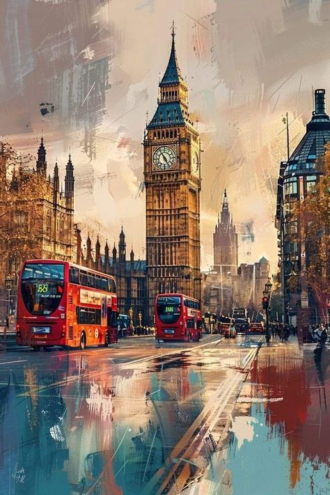 Painting Of London, London City View, Rainy Evening, Egypt Concept Art, London Big Ben, London Painting, Landmarks Art, Picture Picture, Big Ben London