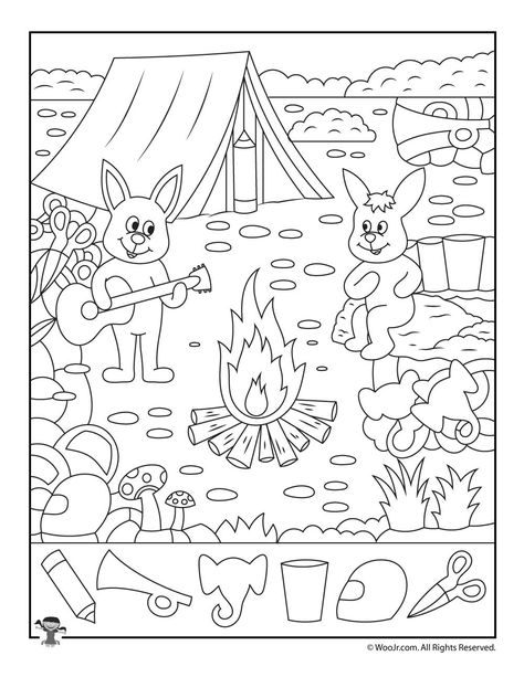 Summer Camp Hidden Pictures Page Hidden Pictures Printables, Hidden Picture Games, Highlights Hidden Pictures, Hidden Picture Puzzles, Kindergarten Games, Hidden Pictures, Hidden Objects, Picture Puzzles, Camping Theme