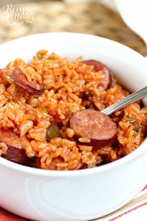 One-Pot Sausage and Red Rice - An easy creole recipe with only a few ingredients.  It's a delicious twist on Jambalaya! Easy Creole Recipes, Sausage Jambalaya Recipe, Red Rice Recipe, Jambalaya Recipe Easy, Sausage Jambalaya, Smoked Sausage Recipes, Red Beans And Rice, Jambalaya Recipe, Hot Italian Sausage