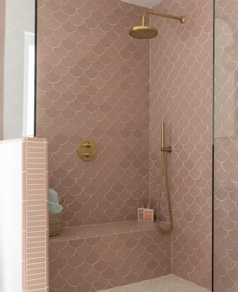 Pink Bathroom Shower Tile, Pink Scallop Tiles Bathroom, Fireclay Ogee Drop Tile, Cool Tile Ideas, Pink Mermaid Bathroom, Mermaid Tiles Bathroom, Pink Tile Shower, Bathroom Pink Tiles, Pink Shower Tile