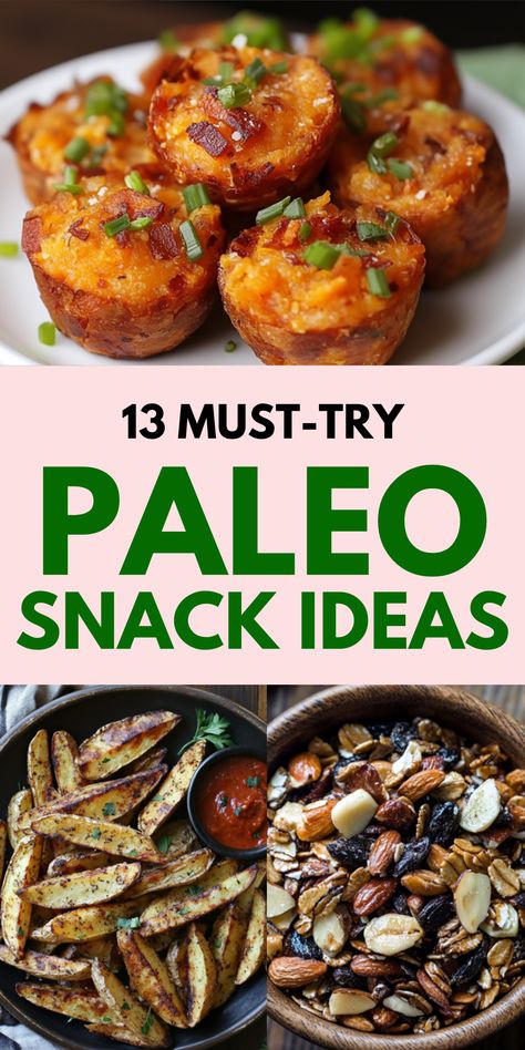 Bite-sized sweet potato snacks topped with crispy bacon and green onions, seasoned potato wedges with marinara dipping sauce, and a bowl of mixed nuts and dried fruit make a perfect selection of Paleo-friendly snack ideas for healthy eating and guilt-free indulgence. High Protein Snacks Paleo, Quick Paleo Snacks, Paleo Snacks On The Go, Paleo Snacks For Kids, Paleo Protein Snacks, Paleo Recipes For Kids, Snacks Easy To Make, Paleo Kids Recipes, Healthy Paleo Snacks