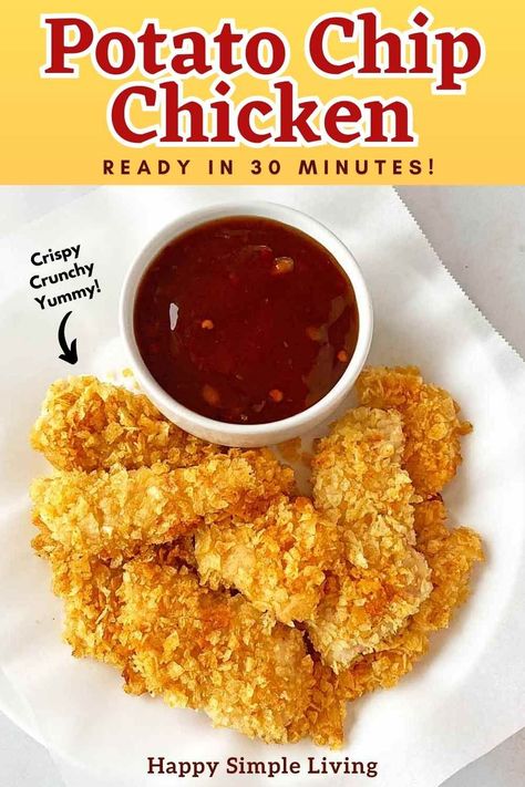 These golden brown chicken tenders are coated with crispy crushed potato chips and oven baked, for an easy dinner the whole family will love! Chip Chicken Tenders, Chicken Tender Recipes Baked, Chip Chicken, Potato Chip Chicken, Chicken Fingers Baked, Oven Baked Chicken Tenders, Baked Chicken Strips, Oven Fried Chicken Recipes, Crispy Chicken Burgers