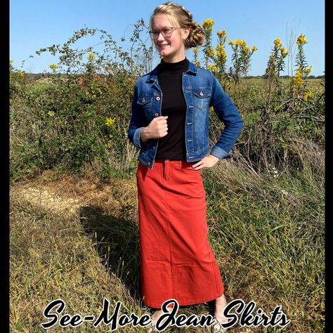 Apostolic Fashion Fall, Long Jean Skirts, Modest Winter Fashion, Modest Christian Clothing, Apostolic Outfits, Apostolic Outfit, Fashion Over 50 Fifty Not Frumpy, Amish Culture, Dark Denim Skirt