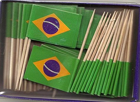 flag of brazil toothpicks Brazil Decorations, Brazilian Party, Brazil Party, Food Flags, Paper Flags, Wine Markers, Flag Food, Olympic Party, Brazilian Flag