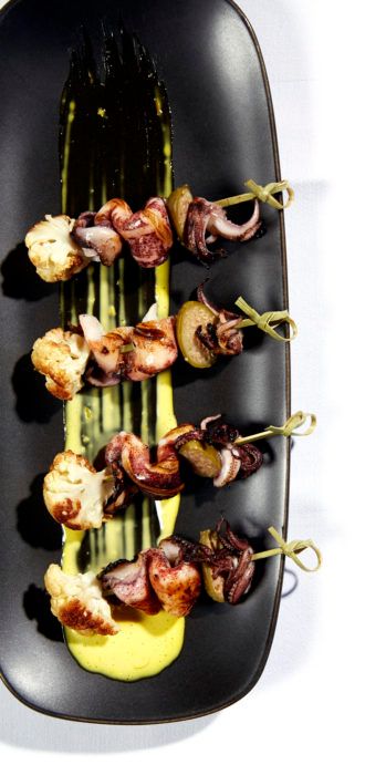 Gluten-Free Cauliflower and Squid Skewers with Aïoli Recipe | GFF Magazine Squid Skewers, Aioli Recipe, James Beard, Crowd Pleaser, Aioli, Skewers, Appetizer, Gluten Free, Chef