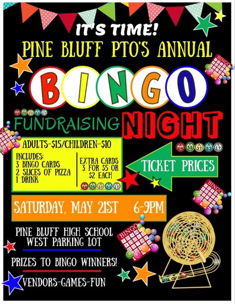 Black BINGO PTO fundraising flyer Creative School Fundraising Ideas, Parent Council Fundraising Ideas, Pto Bingo Night, Pta Bingo Night, Fundraiser Ideas For Sports, Pto Fundraising Ideas Elementary, Bingo Fundraiser Ideas, Cheerleading Fundraiser Ideas, Cheer Fundraising Ideas