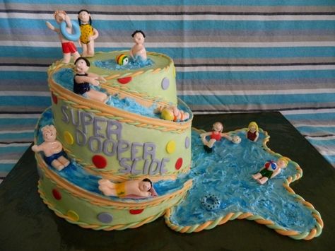 Waterslide Water Slide Cake Ideas, Water Slide Cake, Pool Party Cupcake Ideas, Waterslide Cake, Roller Coaster Cake, Waterslide Birthday Party, Bouncy Castle Party, Pool Cakes, Waterslide Party