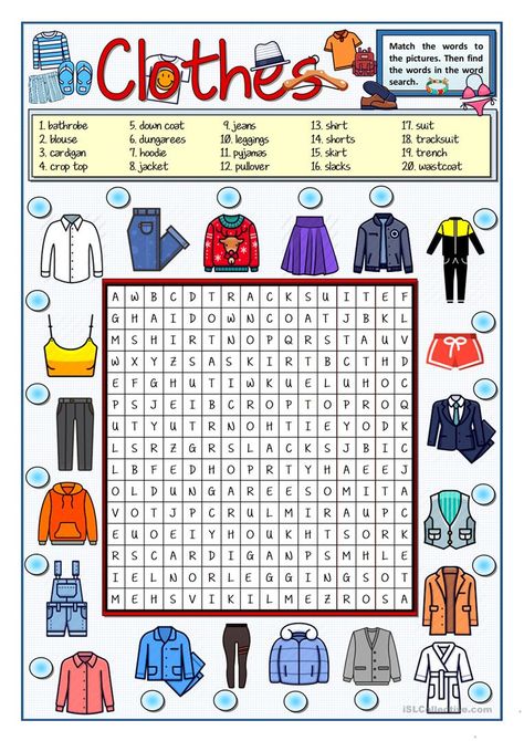 VOCABULARY - CLOTHES WORD SEARCH - English ESL Worksheets for distance learning and physical classrooms Vocabulary Clothes, Clothes Worksheet, Clothes Words, English Clothes, Teach English To Kids, English Learning Books, Esl Vocabulary, Interactive Video, Listening Comprehension