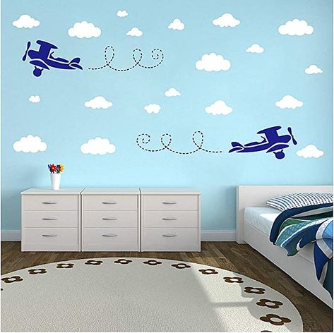 Airplane Kids Room, Blue Bedroom Paint, Blue Bedroom Colors, Cloud Bedroom, Airplane Wall Decor, Blue Airplane, Bedroom Color Combination, Kids Room Wall Stickers, Kids Room Paint