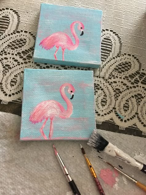 tiny flamingo paintings Mini Canvas Ideas, Art Mini Toile, Mini Toile, Tiny Canvas, Tiny Paintings, Flamingo Painting, Bird Drawing, Vintage Cartoons, Small Canvas Paintings