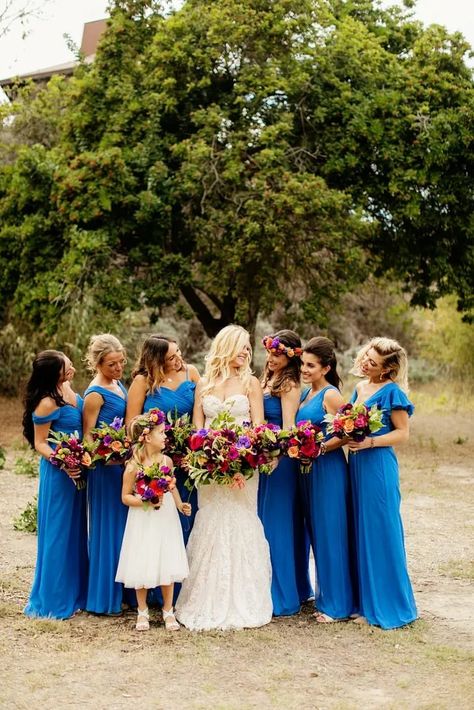 Bright Blue Wedding Colors, Bright Blue Wedding Theme, Electric Blue Wedding Color Schemes, Colorful Blue Bouquet, Cobalt Blue Bridesmaid Dresses, Cobalt Bridesmaid Dresses, Bright Blue Bridesmaid Dresses, Navy Bridesmaid Dress Colorful Flowers, Electric Blue Wedding