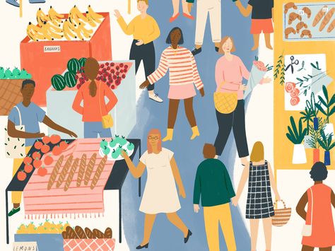 Local Market by Folio Illustration Agency Market Images, School Images, Food Projects, Illustration Agency, Local Market, Food Covers, People Illustration, Editorial Illustration, Food Illustrations