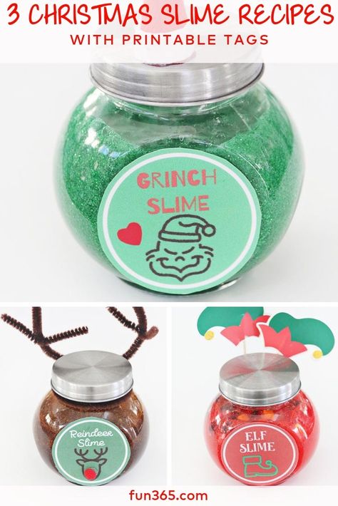 Slime is always a hit with kids, so this Christmas slime will be even better. Three different slime recipes  with FREE printable tags. These would also make great stocking stuffers or a cold day activity. Grinch Slime, Grinchmas Party, Christmas Slime, Grinch Punch, Daycare Gifts, Diy Christmas Gifts For Kids, Slime Ideas, Future People, Slime Recipes