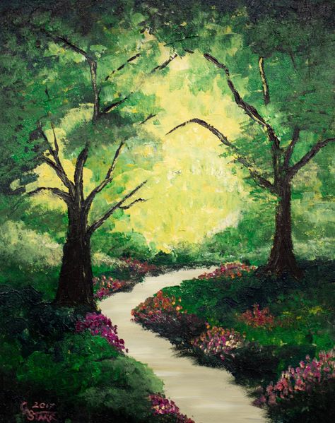 Imagine walking this winding path with someone special. The beautiful landscape gives you peace as you stroll into its wonderment. Warmth from the glow of light envelopes you. Arm in arm you continue. Can you spend the afternoon here? Signed by the artist. Dated: 2017 Dimension: 16"x 20"Medium: Acrylic PaintMaterial: Stretched Cotton Canvas Depth of Canvas: 3/4" (Will protrude from the wall 3/4")Ready to Hang: Sides are painted and a wire is included across the back. Easy to hang. Frame: Not inc Impressionist Art Easy, Peaceful Paintings Easy, Impressionism Art Easy, Complex Paintings, Forest Painting Easy, Forest Painting Acrylic Easy, Forest Art Painting, Flower Path Painting, Forest Path Painting