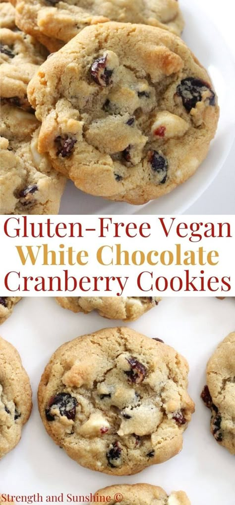 Vegan White Chocolate Cranberry Cookies (Gluten-Free, Allergy-Free) | Strength and Sunshine | Soft and chewy, these Vegan White Chocolate Cranberry Cookies are a must for the holiday season! They're gluten-free, allergy-free, and so easy to make! Grab your favorite dairy-free white chocolate chips and dried cranberries for this thick, buttery, sweet, and tart cookie recipe that's perfect for Christmas or as a winter treat! #whitechocolate #christmascookies #vegancookies #glutenfreecookies Gluten Free Christmas Baking, Dairy Free Christmas Cookies, Chocolate Cranberry Cookies, Vegan Christmas Desserts, Cranberry Cookies Recipes, Gluten Free Christmas Cookies, Vegan Christmas Cookies, White Chocolate Cranberry Cookies, Vegan White Chocolate