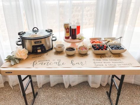 Throw a Pancakes & Pajamas Party for Their Next Birthday! (Frugal & Fun) Interactive Dinner Ideas Families, Breakfast For Bachelorette Party, Pancake And Waffle Bar, Diy Breakfast Bar Food, House Party Layout Ideas, Brunch Buffet Party, Brunch Sprinkle Ideas, Breakfast With Santa Birthday Party, Easiest Party Food