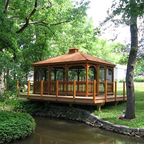 Wooden Gazebo Kits, Rectangle Gazebo, Open Gazebo, Enclosed Gazebo, Dock Ideas, Dock House, Cedar Stain, Large Gazebo, Fireplace Outdoor