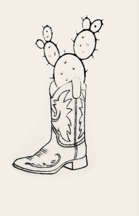 Western Doodles Ideas, Cowboy Boot With Cactus Tattoo, Western Simple Paintings, Cactus With Cowboy Hat Tattoo, Western Outline Drawings, Western Simple Drawings, Cute Country Drawings Easy, Easy Western Drawing Ideas, Punchy Western Thigh Tattoos