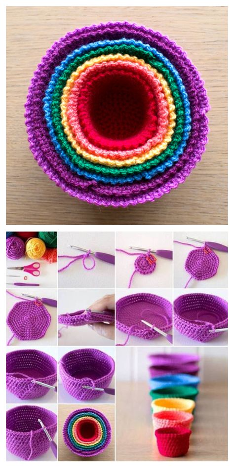 Crochet Nesting Doll, Crochet Nesting Baskets Free Pattern, Crochet Nesting Baskets, Rainbow Basket, Diy Baskets, Nesting Baskets, Crochet Baskets, Diy Basket, Crochet Set