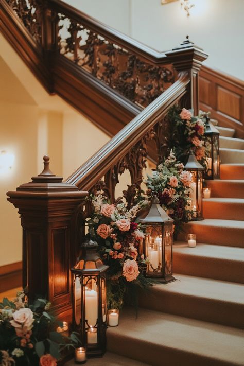 Discover 49 unique ways to decorate your wedding stairs with flowers. These creative ideas will make your staircase a stunning focal point. Click to see all the beautiful options! #CreativeWedding #StaircaseFlowers #UniqueDecor Staircase Garland Wedding, Wedding Decor For Staircase, Stairs Flower Decoration, Lanterns On Stairs, Wedding Staircase Decoration Railings, Stairs With Flowers, Decorated Staircase, Staircase Flowers, Stair Decorations