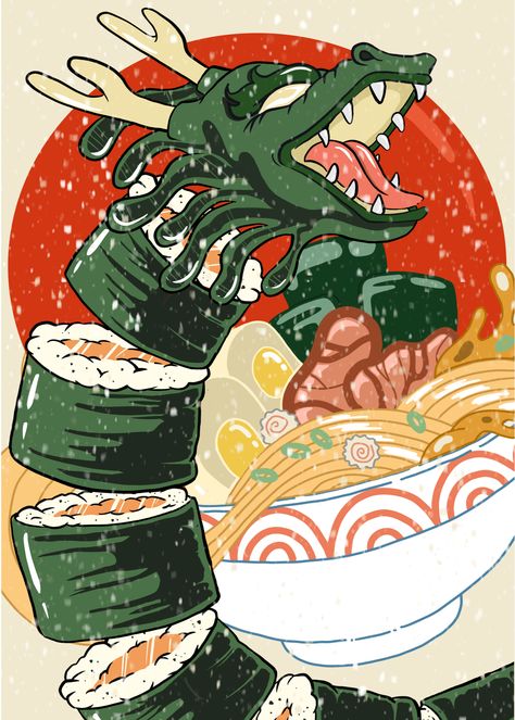 This art print was inspired for all the times I ordered dragon rolls at sushi restaurants! This art print would be a cute addition to your room, dorm, or office by adding a bit of adorableness to the area! Dragon Food Art, Sushi Dragon, Sushi Dragon Art, Mermaid Sushi Art, Sushi Mural Art, Sushio Artworks, Dragon Roll, Sushi Restaurants, Printed Items