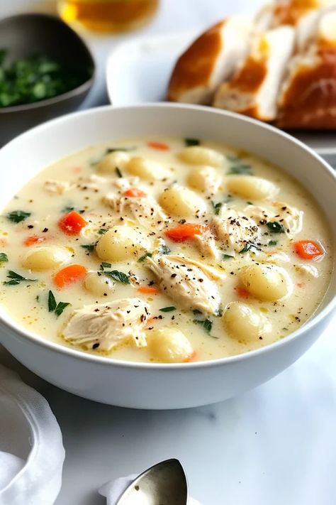 Warm your soul with a rich, creamy bowl of Olive Garden’s famous Chicken Gnocchi Soup. Packed with tender chicken, fluffy gnocchi, and fresh veggies, it’s the ultimate comfort food. Satisfy your cravings – grab the full recipe! #OliveGardenSoup #ChickenGnocchiSoup #CopycatRecipe #ComfortFood #SoupSeason #EasyDinner Chicken And Dumplings Gnocchi, Gnocchi Soup Recipes, Olive Garden Chicken Gnocchi Soup Recipe, Chicken And Gnocchi Soup, Chicken Gnocchi Soup Recipe, Olive Garden Chicken Gnocchi, Garden Soup, Gnocchi Recipes Soup, Olive Garden Chicken