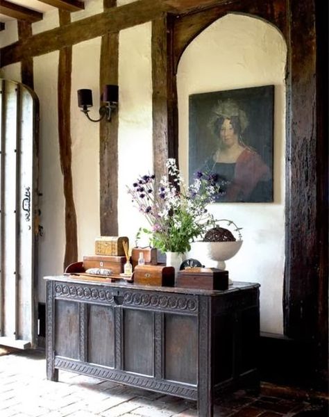 The charm filled English Tudor is an eclectic mixture of early and Medieval English building traditions that create a picturesque, t... Tudor Entryway, Tudor Interior, Tudor Decor, Cabinet Detail, Tudor Homes, English Cottage Interiors, Tudor Cottage, Tudor Revival, English Interior