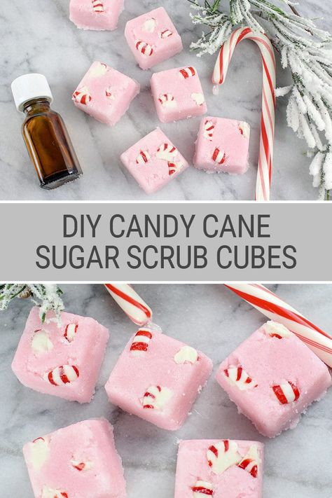 Candy Cane Sugar Scrub, Sugar Scrub Diy Peppermint, Diy Candy Cane, Peppermint Sugar Scrub, Sugar Scrub Cubes, Peppermint Sugar Scrubs, Diy Christmas Candy, Body Scrub Recipe, Peppermint Sugar