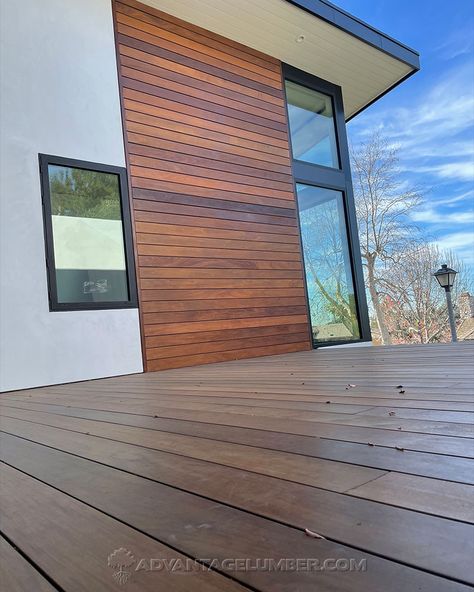 Ipe Wood Siding, Wood On Exterior Of House, Exterior Wood Slat Wall, Wood Slat Wall Exterior, Wood Look Siding Exterior, Exterior Wood Paneling, Ipe Siding, Modern House Siding, Wooden Cladding Exterior