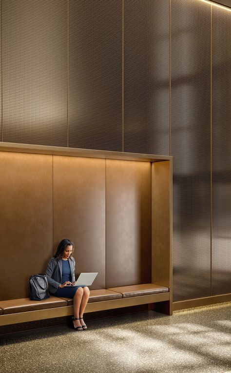 Lift Lobby Design Commercial, Seating Area Office, Bench Lighting, Corporate Lobby, Office Building Lobby, Lift Lobby Design, Building Lobby, Lobby Seating, Lobby Interior Design