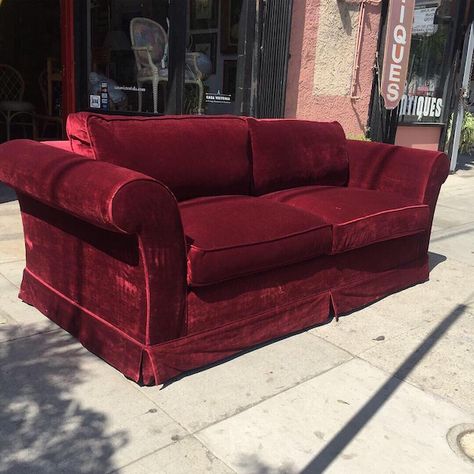 Slipping Into | Pair of Custom Made Deep Red Velvet Sofas — Casa Victoria - Vintage Furniture On Los Angeles Sunset Boulevard Tv Room Sofa Ideas, Tv Room Sofa, Room Sofa Ideas, Velvet Couch Living Room, Red Couch Living Room, Red Velvet Sofa, Vintage Loveseat, Velvet Sofa Living Room, Deep Red Velvet