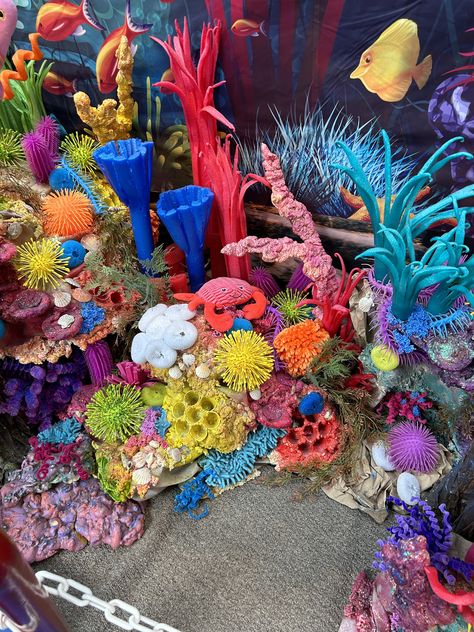 Spray Foam Coral Reef, Under The Sea Halloween Decorations, Coffee Filter Coral Reef Diy, Diy Coral Reef Decorations, Under The Sea Decorations Diy, Diy Under The Sea Decorations, Plastic Bag Art, Diy Coral Reef, The Little Mermaid Musical