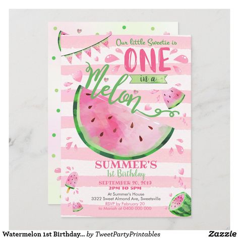 Watermelon Birthday Party, Watermelon Invitations, One In A Melon Birthday, Watermelon Birthday Parties, Watermelon Party, Bear Invitations, Fun Party Themes, Watermelon Birthday, 1st Birthday Invitation