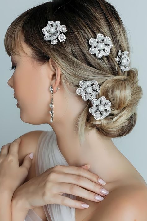 Add a touch of elegance with these pearl flower hair clips! Pearl-fect for a romantic updo or a whimsical half-up style. Shine bright on your big day with these gorgeous accessories. Bridal Hair Clips, Rose Gold Hair Vine, Bridal Floral Headpiece, Wedding Headpieces, Romantic Updo, Wedding Etiquette, Crystal Headpiece, Bridal Hair Clip, Romantic Bride