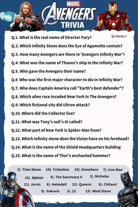 If you think you are a biggest superhero geek then play on with the Avengers Trivia Questions & Answers quiz and score higher than your friends to brag about it later. An opportunity to challenge yourself with a multi-question Avengers Trivia game. Avengers Trivia Questions & Answers #avengers #trivia #questions #answers #quiz #game #ideas #girls #boys #adults #fun #facts #worksheet #worksheet_trivia Superhero Trivia Questions And Answers, Family Quiz Questions And Answers, Trivia Questions And Answers For Adults, Disney Trivia Questions And Answers, Fun Trivia Questions And Answers, Superhero Trivia, Marvel Questions, Movie Quiz Questions, Disney Trivia Questions