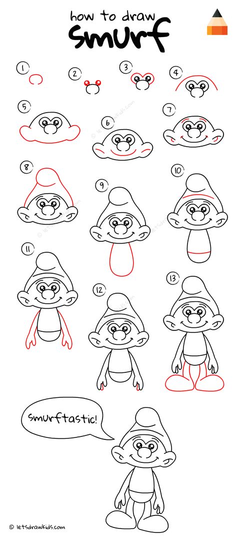 How To Draw Smurf How To Draw Animated Characters, Smurfs Painting, Smurf Drawing Easy, Easy Cartoon Drawings Disney, Smurf Drawing, Smurfs Drawing, Disney Drawing Tutorial, Easy Cartoon Drawings, Drawing Tutorials For Kids