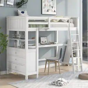 Multifunction White Twin Size Wood Loft Bed with Desk, Shelves and Drawers Wooden Loft Bed, Wooden Loft, Loft Bed With Desk, Loft Bed Frame, Bed With Desk, Twin Size Loft Bed, Box Springs, Twin Loft Bed, Bed Shelves