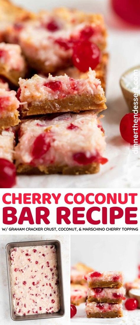 Cherry Chews Bars, Cherry Coconut Bars Recipe, Cherry Almond Squares, Coconut Cherry Bar, Pineapple Coconut Cherry Dream Bars, Coconut Cherry Crumble Bars, Cherry Topping Recipe, Cherry Coconut Magic Bars, Maraschino Cherry Desserts