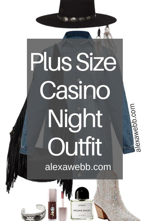 Plus Size Casino Outfits - A plus size outfit for a night out with a denim dress, crystal rhinestone Western booties, a fringe boho bag, and rancher hat by Alexa Webb Las Vegas Outfit Fall Plus Size, Casino Night Theme Party Outfit, Casino Themed Party Outfit, Casino Night Party Outfit Plus Size, Plus Size Casino Night Outfit, Casino Night Fundraiser Outfit, Plus Size Las Vegas Outfit Winter, Vegas In January Outfit Plus Size, Plus Size Vegas Outfits Winter