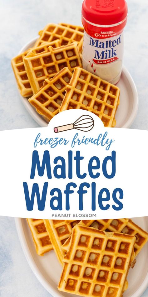 Crispy on the outside and tender on the inside, these malted waffles use malted milk powder for an amazing flavor for your breakfast. Serve them family style or make them ahead and freeze for easy busy morning breakfasts. Freezer Waffles Homemade, Malted Waffles, Golden Malted Waffle Recipe, Malted Waffle Recipe, Freezer Waffles, Waffle Batter Recipe, Busy Morning Breakfast, Malted Milk Powder, Pancakes Crepes