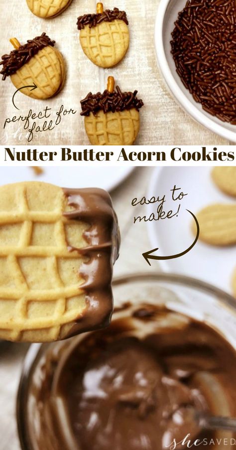 Peanut Butter Acorns, Chocolate Covered Nutter Butter, Acorn Nutter Butter Treats, Acorn Cookies Nutter Butter, Nutter Butter Ghost Cookies, Cookie Acorns, Nutter Butter Acorn Cookies, Edible Acorns, Chocolate Acorns