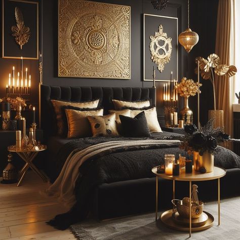 Black and Gold Bedroom Personal Touches Black And Gold Bedroom Ideas, Gothic Style Bedroom, Black And Gold Bedroom, Gold Bedroom Ideas, Bronze Bedroom, Bedroom Glam, Zen Bedroom Ideas, Terrace Room, Academia Bedroom