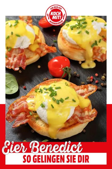 Mit diesem Rezept zauberst du im Handumdrehen leckere Eier Benedict auf deinen Teller. Die pochierten Eier und die Sauce hollandaise gelingen dir mit unseren Tipps sofort. Damit die pochierten Eier in diesem Rezept perfekt werden, schlagen wir sie in Frischhaltefolie ein und kochen sie dann in Wasser. Für diesen Schritt ist ein wenig Fingerspitzengefühl gefragt. Das schmackhafte Ergebnis wird dich jedoch für deine Mühen entlohnen. Egg Benedict, Sauce Hollandaise, Eggs Benedict, Egg, Sauce