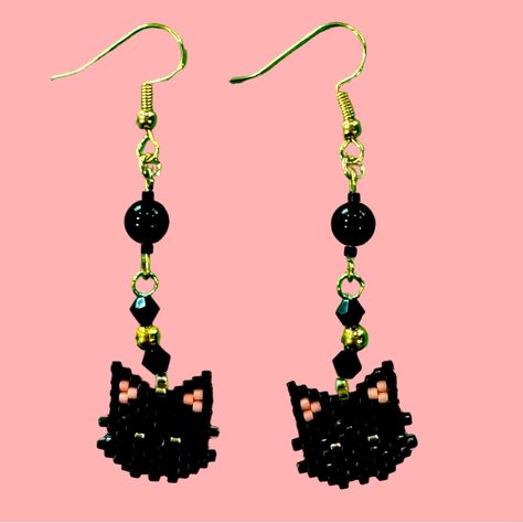 Add Some Cuteness To Your Jewelry Collection With These Sweet Handcrafted Earrings, Featuring An Adorable Black Cat Face Design. Expertly Crafted With Intricate Brick Stitching, Each Earring Captures The Playful Spirit Of Our Feline Friends. - **Length:** Approximately 2.5 Inches - **Design:** Black Cat Face With Crystal Accents And A Beautiful Agate Bead These Earrings Are Not Only A Charming Accessory For The Spooky Season But Also A Stylish Addition To Any Outfit. With Their Unique Design And Beaded Cat Earrings, Brick Stitch Cat, Beaded Black Cat Earrings, Black Cat Design Drop Earrings, Black Cat Earrings, Brick Stitch Earrings, Handcrafted Earrings, Face Design, Cat Face