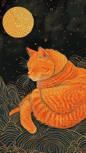 Flying Bulldog Art - Lunar Repose Ginger Cat Illustration, Orange Cat Illustration, Ginger Cat Painting, Walter Kovacs, Orange Cat Art, Cats Japan, Ginger Cat Art, Cats Orange, Cat Sweet