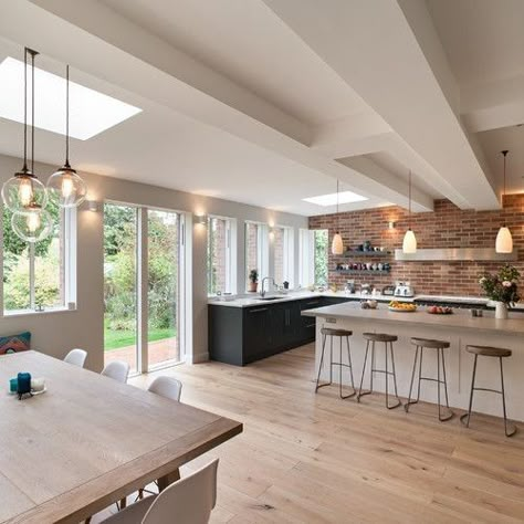 Living Room And Kitchen Design, Dark Wood Kitchens, Wood Floor Kitchen, Open Plan Kitchen Dining, Kitchen Table Wood, Open Plan Kitchen Living Room, 1930s House, Open Dining Room, Open Plan Living Room