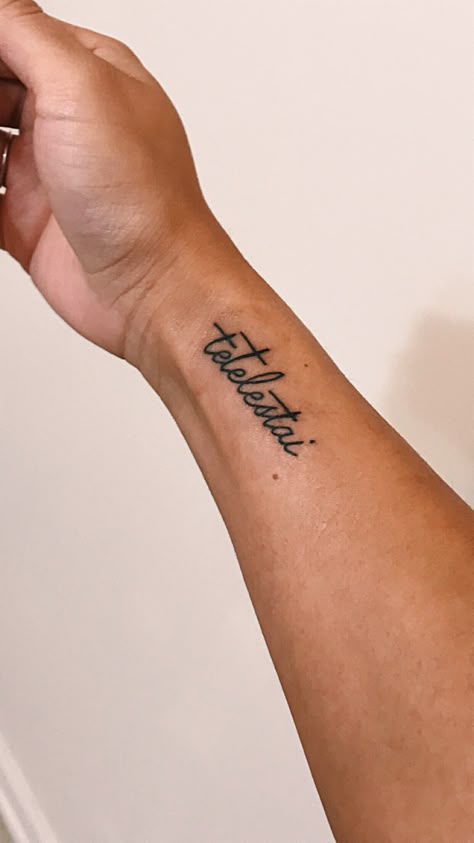 Our debt has been paid. Tetelestai - It is finished. Christian Girl Tattoos, Tetelestai Tattoo, Forearm Tattoo Quotes, Biblical Tattoos, Tatuagem Masculina Pequena, Verse Tattoos, Fonts Quotes, Faith Tattoo, God Tattoos