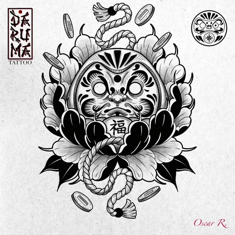 daruma tattoo • Instagram Daruma Doll Tattoo Design Black And Grey, Oni Back Tattoo, Japanese Daruma Tattoo, Japanese Daruma Tattoo Design, Orientalism Tattoo, Japan Mask Tattoo, Daruma Doll Tattoo Design, Japanese Yokai Tattoo, Japanese Oni Mask Tattoo